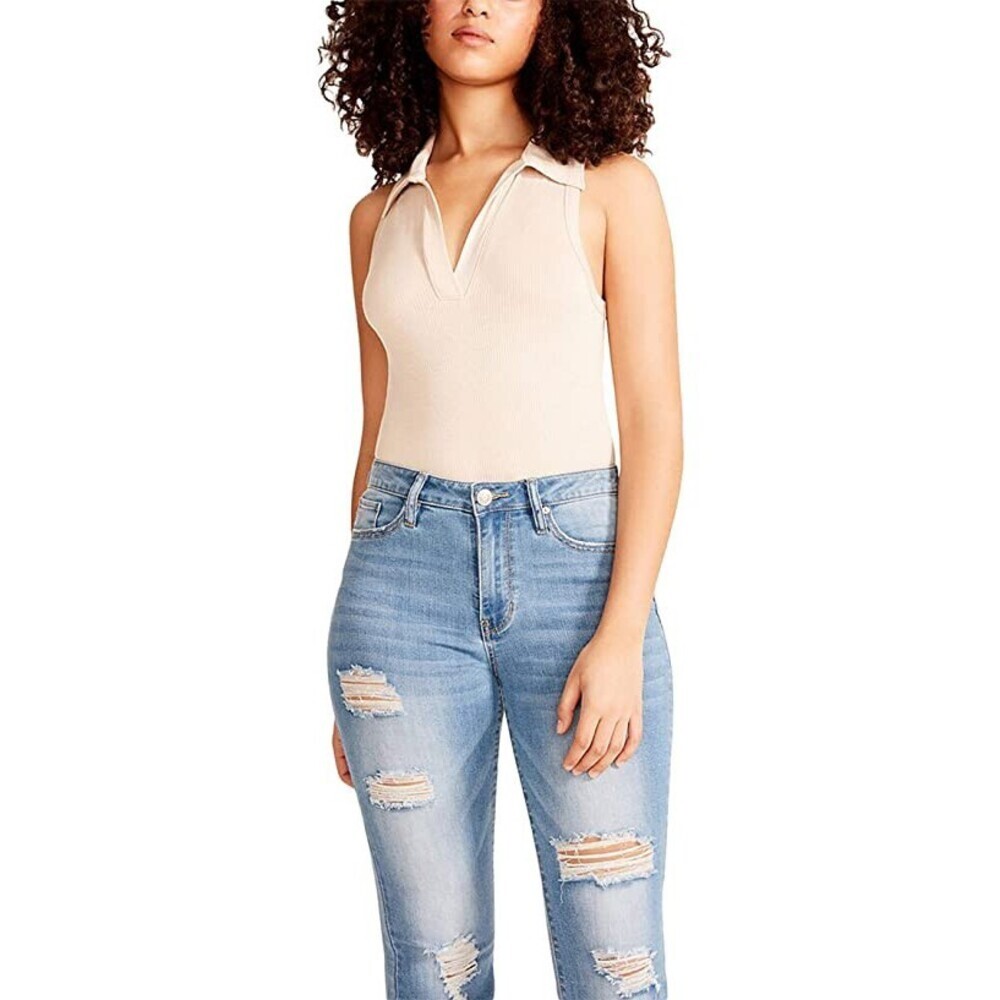 Madden Girl Johnny Bodysuit Womens Small Almond Spread Collar Sleeveless RED917